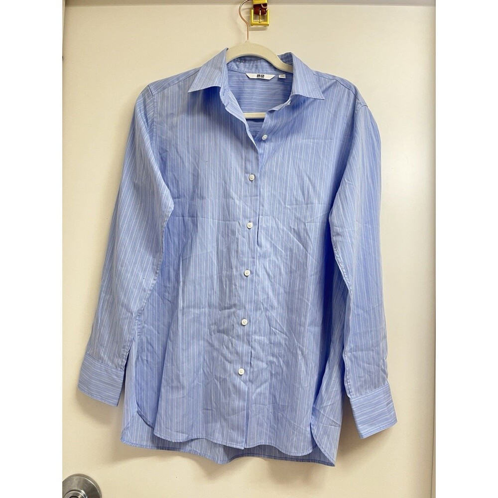 Uniqlo Mens Size Medium Blue & White Striped Long-Sleeve Button-Down Shirt
